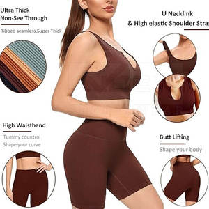 Ensemble de yoga côtelé bordeaux pour femme, haut court dos nageur à col en V et leggings taille haute longueur genou, 2 pièces, couleur unie, tenue de sport - Product Image 6