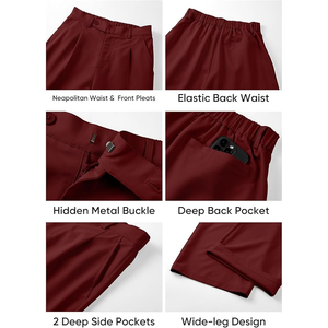 Pantalon plissé bordeaux pour homme, coupe large, taille haute, décontracté, tissé, fermeture boutonnée - Product Image 4