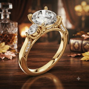 Bague de fiançailles en or jaune avec diamant de laboratoire rond, style vintage, trois pierres, pour femme - Product Image 1