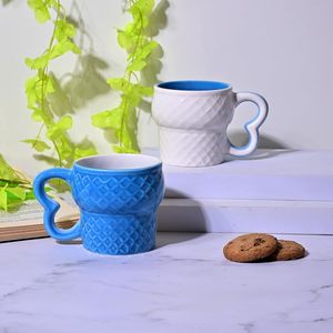 Handmade Blue & White Ceramic Cup Set Embossed Sculpted Handle Microwave Safe Flowered Design <b>Tea</b> <b>Mug</b> Set of 2 for Gifts - Product Image 4