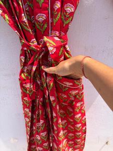 Bata de Baño Informal para Mujer, con Estampado Floral, Tejida, Cuello en V, con Cordón Ajustable, Manga 3/4, Largo hasta el Tobillo, 100% Algodón, Transpirable, para Verano - Product Image 3