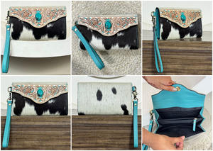 Portefeuille Pochette de Luxe en Cuir de Vachette et Fourrure, Orné de Conchos Turquoises et Motifs Floraux Gravés à la Main, avec Dragonne, pour Femme - Collection Mars 2026 - Product Image 3