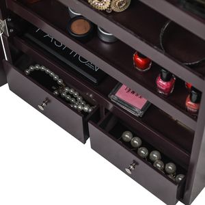 Armadietto da Parete in Legno a 5 Ripiani Marrone Scuro con 2 Cassetti e Specchio Intero, Organizzatore per Gioielli - Product Image 2