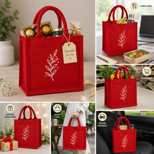 ถุงช้อปปิ้งปอกระเจาสีแดงลายใบไม้สีขาวขนาดเล็กถุงของขวัญแบบถือ - Product Image 3