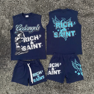Custom Casual Set Men Summer Cotton Vintage Washed Sleeveless Round Neck T Shirt Two Set Men Shorts and T Shirt Set - Product Image 1