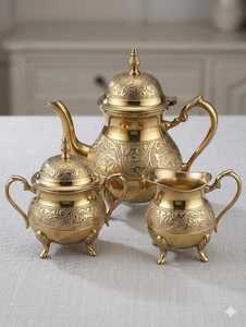 Luxury Brass <b>Tea</b> <b>Set</b> with Teapot, <b>Cups</b>, Saucers and Serving Tray – Traditional Indian Handcrafted Brass <b>Tea</b> & Coffee <b>Set</b> - Product Image 1