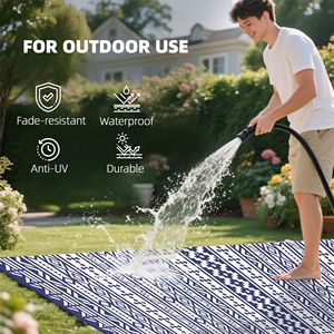 Tappeto da Esterno Reversibile Impermeabile 9FT X 18FT in Materiale PP con Borsa per il Trasporto, Motivo Geometrico Blu e Bianco, Paglia Riciclata per Corridoio - Product Image 6