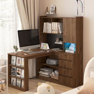 Modern LED Light L-Shaped Desk with Charger Drawers Bookshelf for Home <b>Office</b> <b>Computer</b> Desk by 'L Shaped St' - Product Image 2