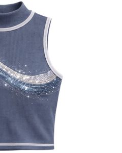 Débardeur côtelé bleu acier personnalisé pour femme avec col montant et motif vague en strass, sans manches, été, fabrication sur mesure - Product Image 5