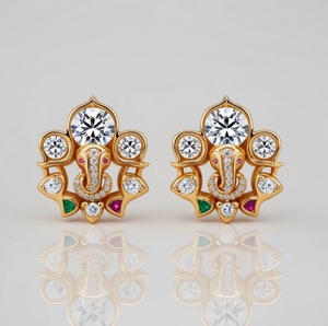 Boucles d'oreilles Ganesha religieuses unisexes en or massif 14 carats avec diamants taille brillant et pierres latérales en diamant de laboratoire pour les fêtes - Product Image 1