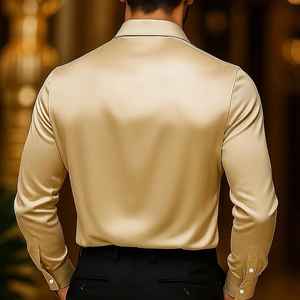 Camisa de satén color champán para hombre con cuello tipo capucha y detalle de botones laterales asimétricos. - Product Image 2