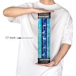 Mini Rotolo di Carta da Regalo Natalizia 17'' X 120'' con 3 Diversi Design in Lamina Metallica Blu Glitterata, Forniture per le Festività - Product Image 2