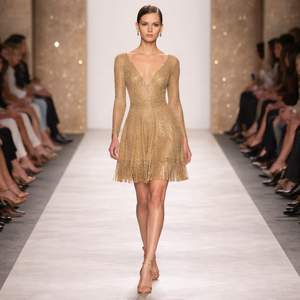 Elegant Modern Gold <b>Sequin</b> V-Neck Long-Sleeve Knee-Length A-Line Party Dress | Women Shimmer | Cocktail Evening Wear Festive - Product Image 5