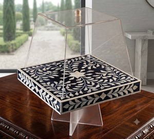 Rectangle Handmade Resin <b>Cake</b> <b>Stand</b> with Black and White Floral Inlay Design Acrylic Cover Display Tray Hand Wash Only - Product Image 1