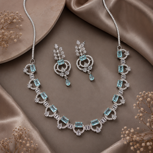 MIJ Luxury American Diamond CZ Stones Silver Plated Alloy <b>Bridal</b> Wedding Engagement Jewelry Set Fancy Style - Product Image 3