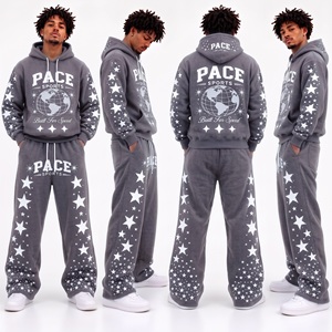 Conjunto deportivo vintage para hombre, color granate burdeos, sudadera con capucha y estampado gráfico de estrellas, pantalones deportivos anchos y holgados, forro polar grueso, conjunto de 2 piezas. - Product Image 5