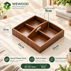 Plateau à collation en bois de noyer naturel de qualité supérieure avec 4 compartiments et poignée pour servir des noix, des bonbons et des fruits - Product Image 5