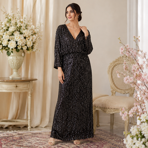 Luxury Black <b>Sequin</b> Maxi Dress for Women Elegant Long Sleeve Evening Party Gown Premium V Neck Cocktail Wedding Reception Dress - Product Image 4