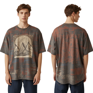 Camiseta de Gran Tamaño con Cuello Redondo y Estampado Gráfico para Hombre, Estilo Vintage, Algodón, Moda Urbana, Manga Corta, 320g - Product Image 3