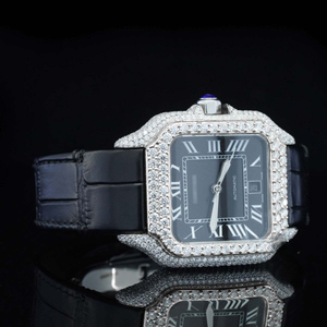 Relojes mecánicos automáticos con bisel de diamantes Moissanite completamente brillantes, esfera romana negra y blanca de 41 mm y correa de cuero. - Product Image 4