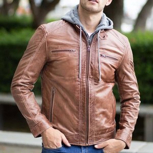 Nouveautés : Veste en cuir marron à capuche avec logo personnalisé pour hommes, vestes vintage pour hommes, veste streetwear, vestes d'hiver de haute qualité - Product Image 4