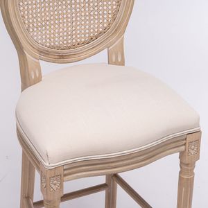 Set of 2 French Country <b>Bar</b> <b>Stools</b> <b>Wooden</b> with Rattan Back & Beige Upholstered Seating Natural Color - Product Image 6