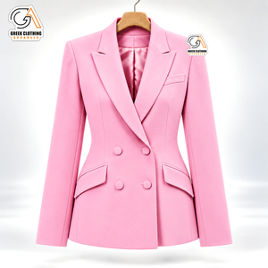 Alpha Kapa Women's Pink Double Breasted <b>Blazer</b> Suit Solid Color Notched Collar Full Sleeve Anti-Wrinkle Embroidery Pants Suit - Product Image 4