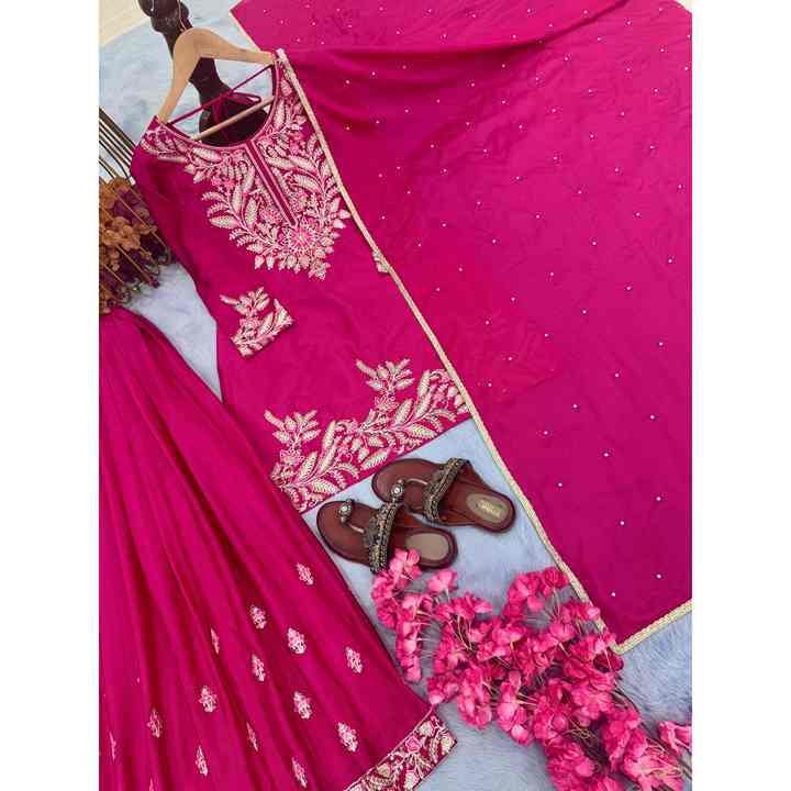 Designer Women's Sets Pure Chinon Silk Top Plazzo Dupatta for Party Wear