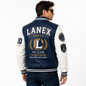 Custom Navy Blue <b>White</b> Leather Varsity <b>Jacket</b> for <b>Men</b> Classic Letterman Bomber <b>Jacket</b> with Chenille Patches OEM ODM Factory - Product Image 4