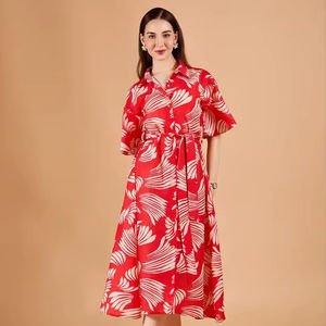 Robe trapèze rouge à imprimé floral, faite main en Inde, pour femme, décontractée, longueur midi, grande taille, idéale pour un port quotidien confortable. - Product Image 1