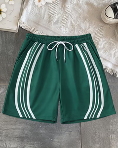Men's Green Polyester Bermuda Shorts With White Side Stripes Mid Waist Elastic Waist Sporty Quick Dry Shorts - Product Image 1