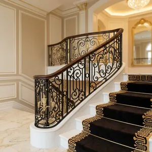 Luxury Rose Gold Stair Railing with Ornate Floral Design Wooden <b>Handrail</b> and Marble <b>Steps</b> for Modern Home Interior - Product Image 6