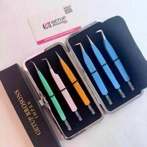 GETUP BROSONS Eyelash Tweezers Stainless Steel Smooth Precision 90 Degree New Curve 45 Degree Blue Powder Coating <b>Set</b> <b>Waterproof</b> - Product Image 3