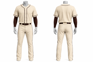 Custom Men's <b>Baseball</b> Uniform Cream Jersey Brown Trim Cream Pants Brown Belt Team Sports Apparel Set For Professional Players - Product Image 1