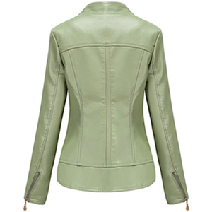 Women Light Green Leather <b>Jacket</b> Slim Fit PU Blazer Coat <b>Ladies</b> Casual Spring Outerwear Fashion Zip Up Moto Biker Top - Product Image 2