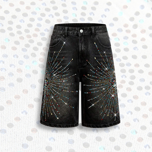 Men's High Waist Rhinestone Embellished Bermuda <b>Shorts</b> Street Style <b>Sequined</b> Denim <b>Shorts</b> Button Fly Woven Fabric - Product Image 4