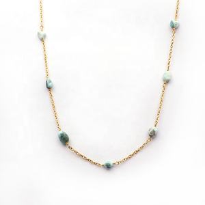 Larimar Tumble Beads Chain ห่วงโซ่อัญมณี,สร้อยคอทองคำสร้อยคอโรซารี่โกลด์อัญมณีแฮนด์เมดของขวัญ - Product Image 1