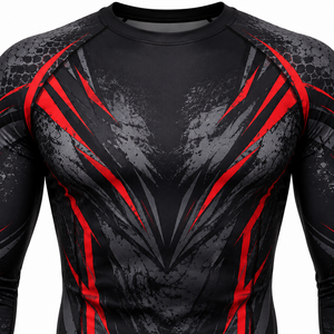 Camiseta Deportiva de Compresión para Hombre, Diseño Energético en Negro y Rojo, Poliéster/Nailon, Cuello Redondo, Manga Larga, Secado Rápido - Product Image 3