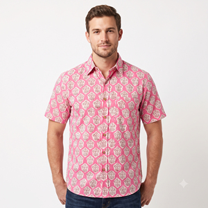 <b>Men's</b> <b>Pink</b> Printed Short Sleeve Casual <b>Shirt</b> Turn-down Collar Breathable Cotton Summer Wear - Product Image 1