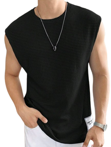 Camiseta sin Mangas Texturizada para Hombre, Cuello Redondo, Transpirable, Poliéster, Color Sólido, Corte Regular, para Todas las Temporadas, Informal - Product Image 1