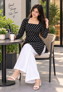 Women's Black Floral Print Square Collar <b>Bell</b> Sleeve Regular Fit Blouse Spring Summer Casual Party Woven Rayon Short Kurti - Product Image 2