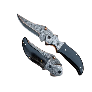 Couteau de poche pliant artisanal en acier Damas cuivré de qualité industrielle, pointe tombante, manche en Micarta, étui en cuir, garantie 3 ans - Product Image 1