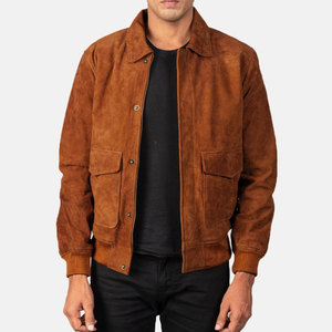 <b>Men's</b> Brown <b>Suede</b> Bomber <b>Jacket</b> Turn-Down Collar Casual Style Regular Fit Autumn Wear - Product Image 1