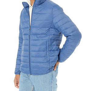 Men's Blue Puffer <b>Jacket</b> Solid Color Zipper Front Windproof Casual Autumn Wear Polyester Wadding Stand Collar Regular Fit - Product Image 1
