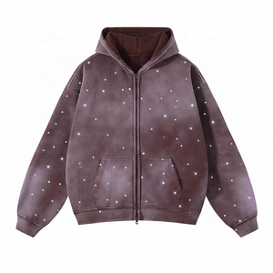 Sweat à capuche en coton French Terry délavé à l'acide, personnalisé, surdimensionné, avec strass, noir, coupe carrée, court, zippé, style Y2K pour homme - Product Image 6