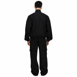<b>Men's</b> Black <b>Zip</b>-Up Fleece <b>Jacket</b> Oversized Stand Collar Regular Length Casual Autumn Wear Knitted Breathable Solid Design - Product Image 2