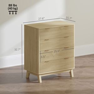 Commode double à 4 tiroirs pour chambre à coucher, commode à cannelures avec poignées dorées et 4 pieds en bois, bois naturel - Product Image 3
