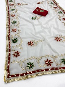 Sari en Georgette Rose Brodé à Motifs Floraux pour Femme, Tenue de Mariage Traditionnelle Indienne et Pakistanaise, Longueur Ras du Sol, Séchage Rapide - Product Image 2