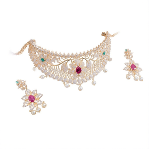Floral Ruby American Diamond Brass Choker and Earring Wedding Bridal Set - Product Image 2