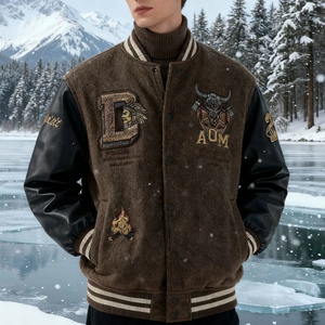 เสื้อแจ็คเก็ตวาร์ซิตี้ผู้ชาย แจ็คเก็ตผ้าฝ้ายหนาสำหรับฤดูหนาว แจ็คเก็ตเบสบอลปักลาย สไตล์เรโทร สตรีทแวร์ - Product Image 3